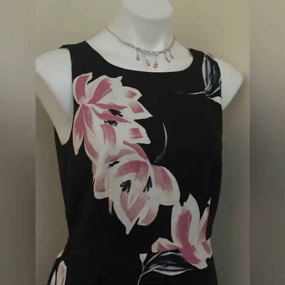 ANN TAYLOR FACTORY Black White Pink Floral Print Sleeveless Midi Dress Sz 8 - Picture 8 of 15